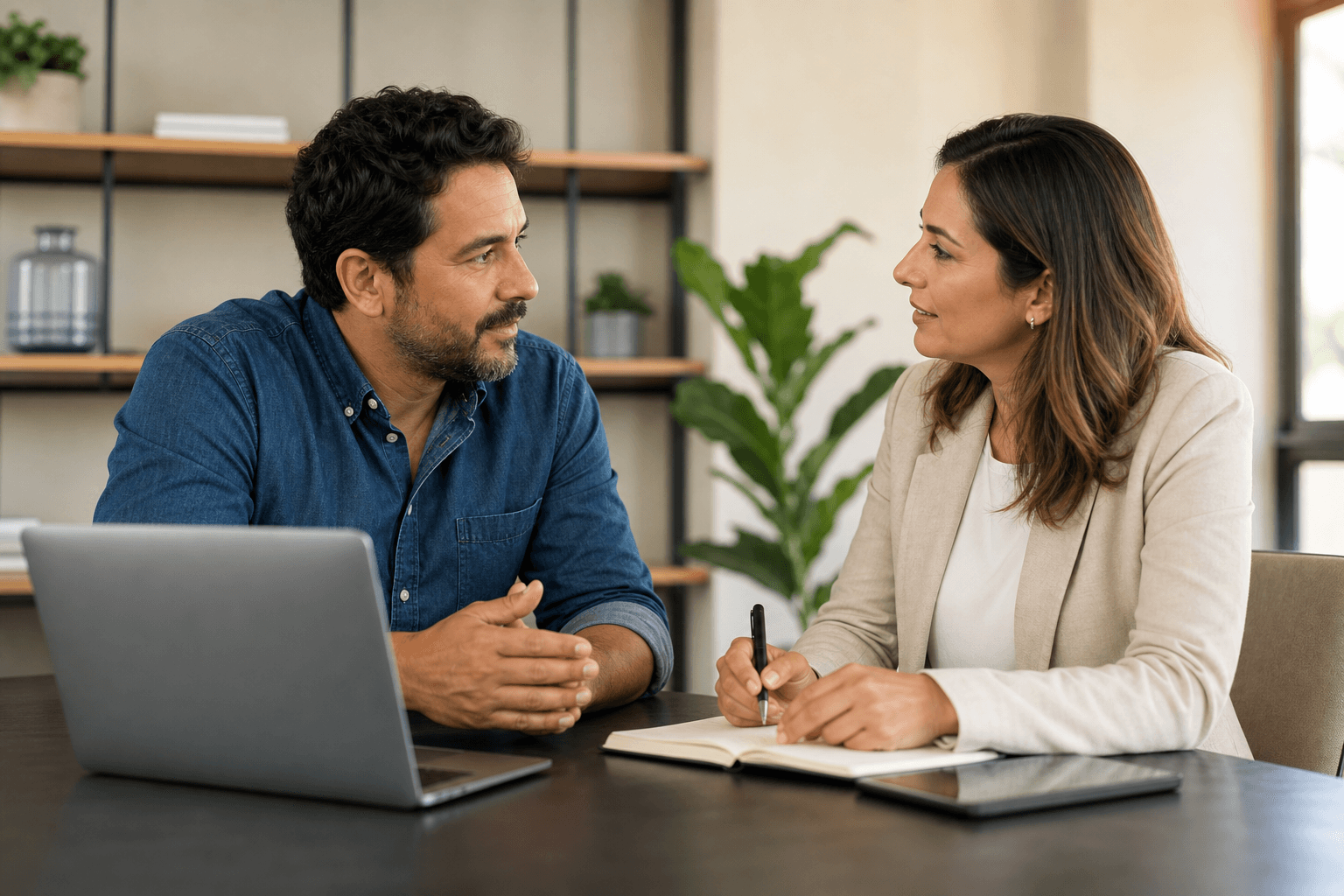 Consultor e empresário em reunião sobre consultoria empresarial para pequenas empresas em Curitiba